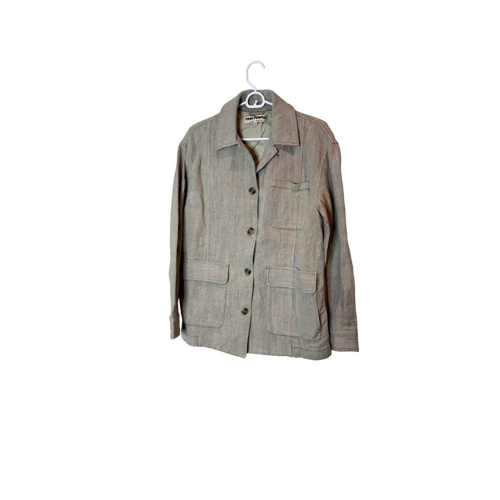 Free People Jacket Womens XS Beige Linen Blend Utility Chore Pockets Lined